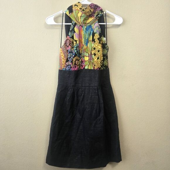 TRINA TURK Ibis Silk Scarf Halter Sheath Dress Black Vibrant Multicolor Size 2 - Picture 1 of 16
